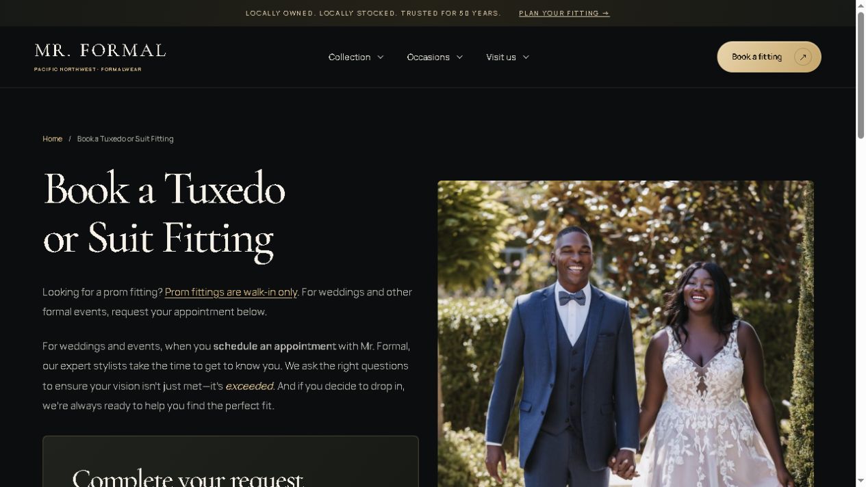 Our Mr. Formal redesign preview with charcoal and gold styling, serif headings and wedding photography